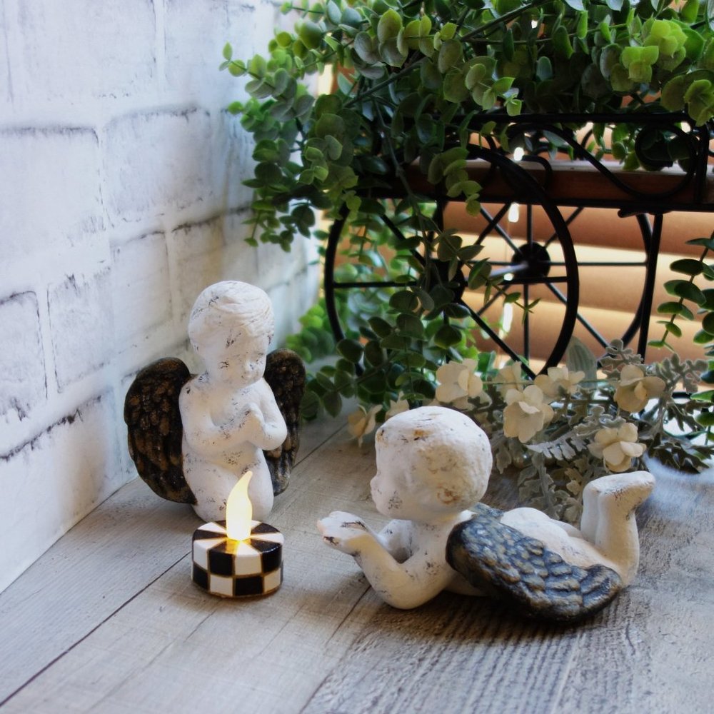Courtly Cherubs with Checked Tea Light Candle Hand Painted Checks Chippy Angels